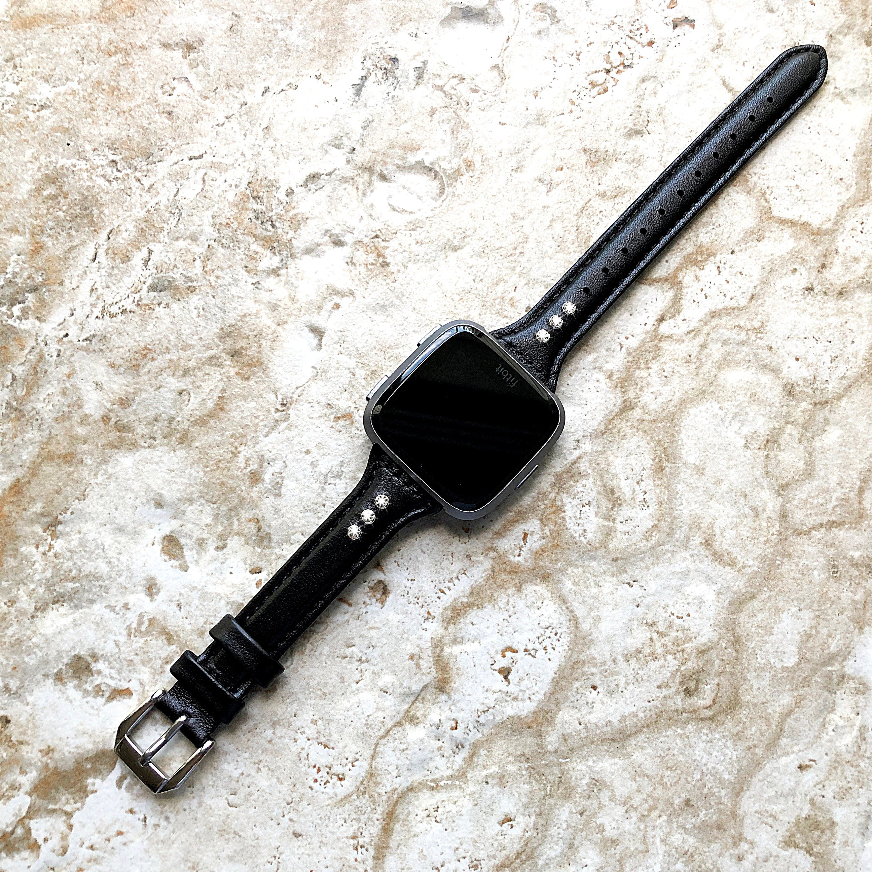 Fitbit Versa 2 3 4 Sense 2 Black Leather Band with Sparking Crystals Slim Elegant Soft Straps Stitching Details Quick Release Pins Adapters